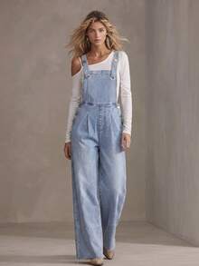 Sweet Commuter Overalls American Vintage 2026 Autumn/Winter Style Youthful Lazy Casual Collegiate Daily Versatile Light Blue Double Adjustable Straps Washed Denim Overalls Casual Minimalist High Waist Denim Jumpsuit - Light Blue - View 3