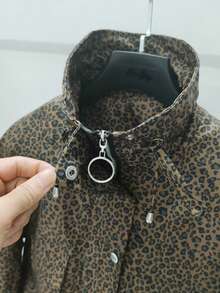 European & American Hot-Selling Women's Fashion Commuter Versatile Daily Outing Leopard Print Zipper Stand Collar Short Jacket Coat Suitable For Spring Autumn Winter - Army Green - View 5