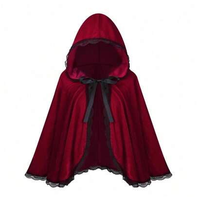 1 Buah Kostum Halloween Wanita, Jubah Berkerudung Merah 60,80x100cm dengan Pinggiran Renda Hitam, Jubah Little Red Riding Hood, Digunakan untuk Permainan Peran Halloween, Kostum Gotik, Karnaval, Pesta Topeng, Pesta Natal, dan Pertunjukan Panggung