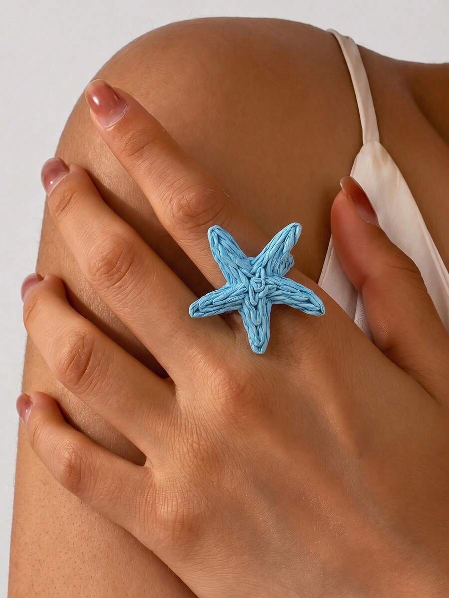 1pc Beach Vacation Style Raffia Blue Starfish Accessory, Suitable For Women's Beach Holiday And Daily Outfit Matching - Blue - View 1