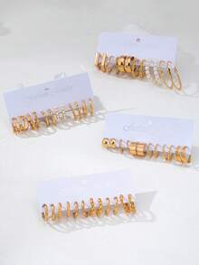 48pcs/Set Anting-Anting Mutiara Imitasi Berhias Logam Multi-Elemen Set Perhiasan Wanita yang Indah Hadiah Ulang Tahun - Emas - View 4