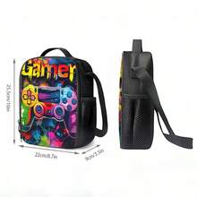 Colorful Game Controller & Graffiti Print Boy Teen Lunch Bag, Black Zipper Handbag With Top Handle, Shoulder Strap And Side Mesh Pocket - GAME-13 - View 2