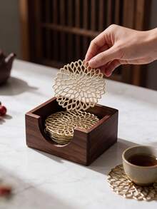 6-24pcs Gold Hollow Flower Design Coasters, Modern Minimalist PVC Round Waterproof Heat-Insulating Coasters Suitable For Coffee Table, Banquet, Holiday Gathering - Multicolor - View 1