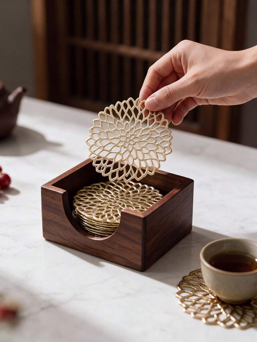 6-24pcs Gold Hollow Flower Design Coasters, Modern Minimalist PVC Round Waterproof Heat-Insulating Coasters Suitable For Coffee Table, Banquet, Holiday Gathering - Multicolor - View 1