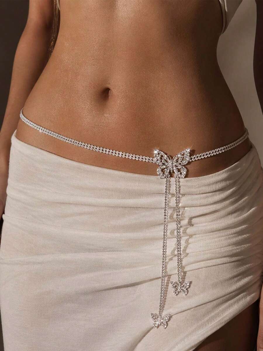 STONEFANS 1pc Rhinestone Butterfly Tassel Waist Chain, Sexy Bikini Body Chain, European And American Style - Butterfly - View 1