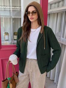 Women's Contrast Color Hooded Zip-Up Knit Cardigan, Autumn/Winter New Style, Dark Green Argyle Jacquard Fabric With Brown Hood Trim And Drawstring, Round Ring Zipper + Dual Side Patch Pockets, Ribbed Hem, Loose Casual Fit For Daily Outings And Commuting - Dark Green - View 2