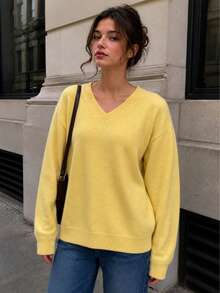 Women's Soft Oversized V-Neck Knit Sweater Long Sleeve Drop Shoulder Top For Fall - Yellow - View 4