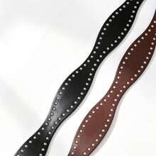 Hershine 2pcs Heavy Rivet Decorated Vintage Street Style PU Leather Belts, Elegant Oval Metal Buckle, Shiny Silver Oval Pin Buckle Sturdy And Durable, Dense Rivet Embellishment Highly Recognizable, Street Atmosphere Fully Loaded, Full Circle Rivet Design Eye-Catching And Bright, Easily Create Cool And Chic Outfit, Essential Accessory Belt For Women In Spring And Autumn - Brown + Black - View 5