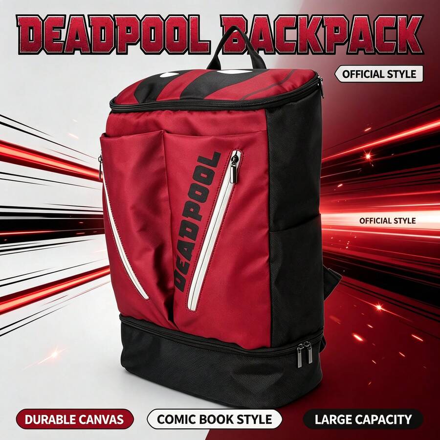 Mesuca Multi-Compartment Storage Backpack Marvel Deadpool Print Pattern Red & Black Colorway Durable Fabric Detachable Bottom Bag Adjustable Shoulder Straps Outdoor Travel Daily Commute 1pc - View 1