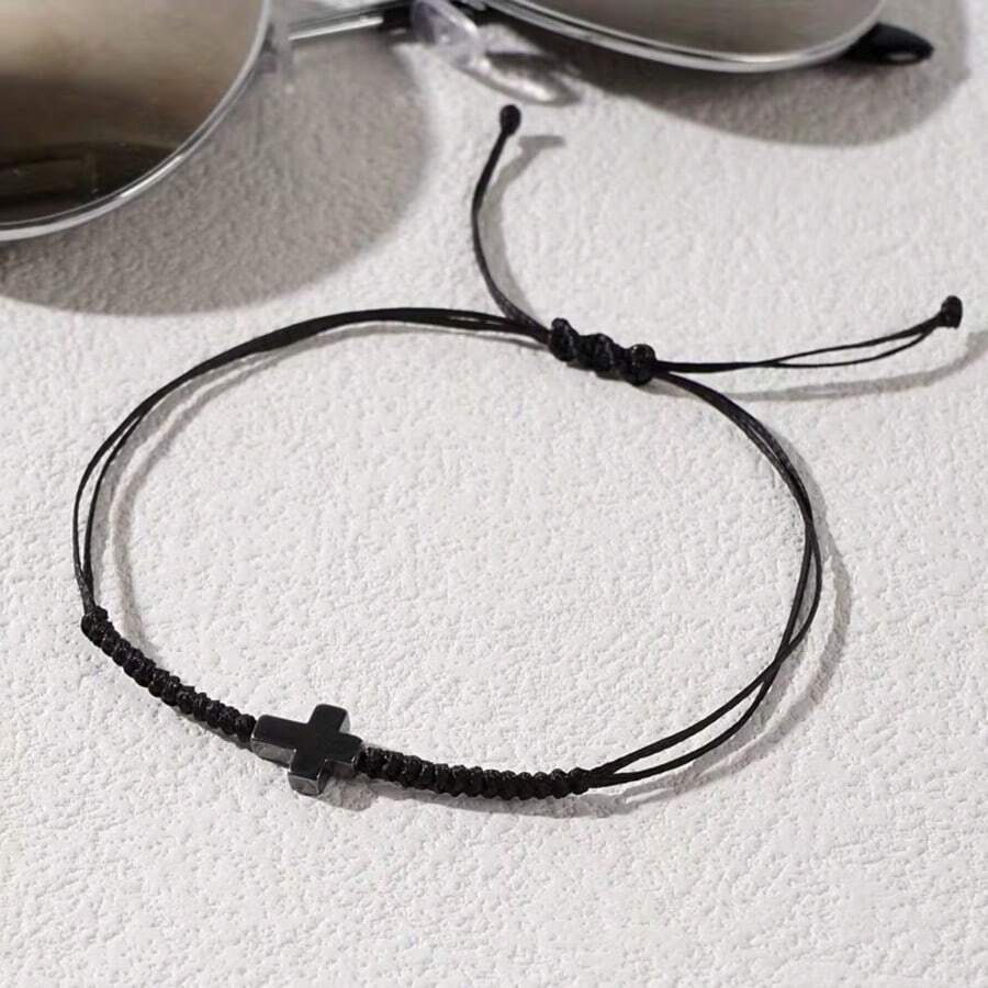 1pc Women/Men Fashion Bracelet, Vintage Style Lucky Friendship Rope Natural Stone Cross Adjustable Bracelet, Suitable For Casual & Vacation Wear, LION - Black - View 1