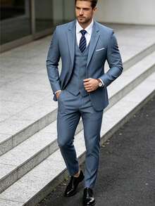 男士 3 件式優雅西裝套裝，純色修身單排扣婚禮西裝外套、背心、長褲附領帶，正式派對商務西裝 - 霧霾藍 - 查看 11