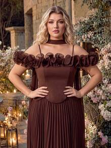 QOQ Women Plus Size Elegant Romantic Vintage Thin Strap Sleeveless Formal Evening Gowns Hoco Homecoming Ruffle Dinner Date Cocktail Party Maxi Dresses - Brown - View 2