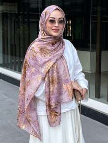 1pc Women's Bohemian Style Rose Floral Print Headscarf Scarf, Suitable For Daily Wear, Can Be Paired With Abaya - Pinkish-purple - View 1