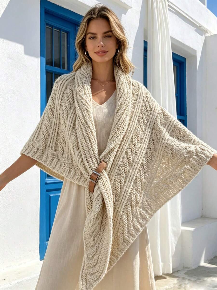 1pc Fashion Solid Color Triangle Cape Shawl With Leather Buckle, Warm Diagonal Stripe Cloak For Spring And Autumn - Multicolor - View 1