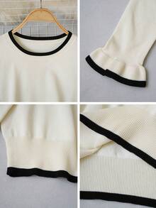 2026 Autumn/Winter Soft Style Round Neck Knit Sweater Women, Contrast Trim Flared Sleeve Slim Fit Flattering Top, Korean Style Versatile Commute Base Layer Knit Sweater - Apricot - View 10