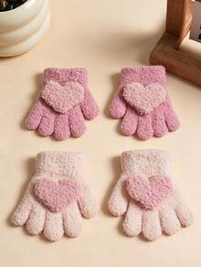 1/2 Pairs Kids Cartoon Patch Coral Fleece Full Finger Gloves, Bear Rabbit Heart Patch Soft Warm Winter Gloves, Suitable For Toddler Boys And Girls - Multicolor - View 4