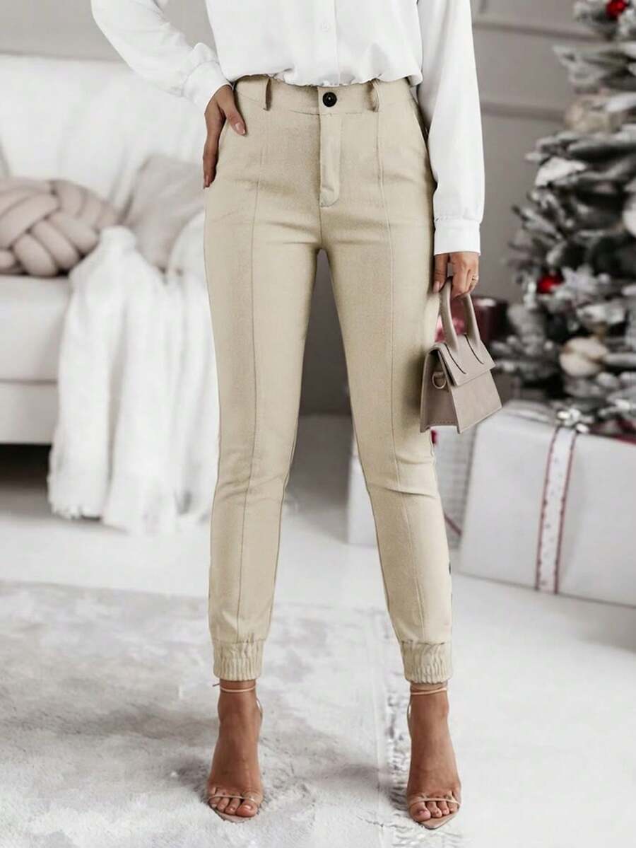 Gorgeous Fall Winter Women's Pants Long Gray Straight Leg Polyester Bottoms With Button Accents And Slight Stretch - Apricot - View 1