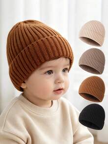 Solid Color Ribbed Knit Baby Beanie, Warm Elastic Infant Hat For Boys And Girls, Autumn/Winter Outdoor Warm Woolen Cap - Baby Boy Series - View 3