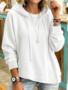 Basic Casual Women's Plus Size Drawstring Hooded Sweatshirt - White - View 4