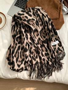 1pc Unisex Leopard Print Scarf, Soft Warm Oversized Tassel Shawl, Cozy Animal Print Winter Wrap For Autumn Winter, Cold Weather, Travel & Outdoor - Multicolor - View 1