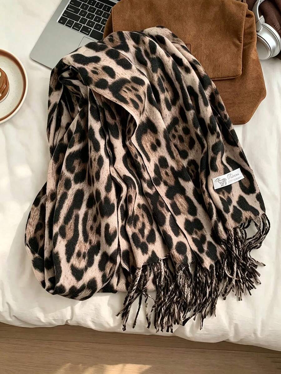 1pc Unisex Leopard Print Scarf, Soft Warm Oversized Tassel Shawl, Cozy Animal Print Winter Wrap For Autumn Winter, Cold Weather, Travel & Outdoor - Multicolor - View 1