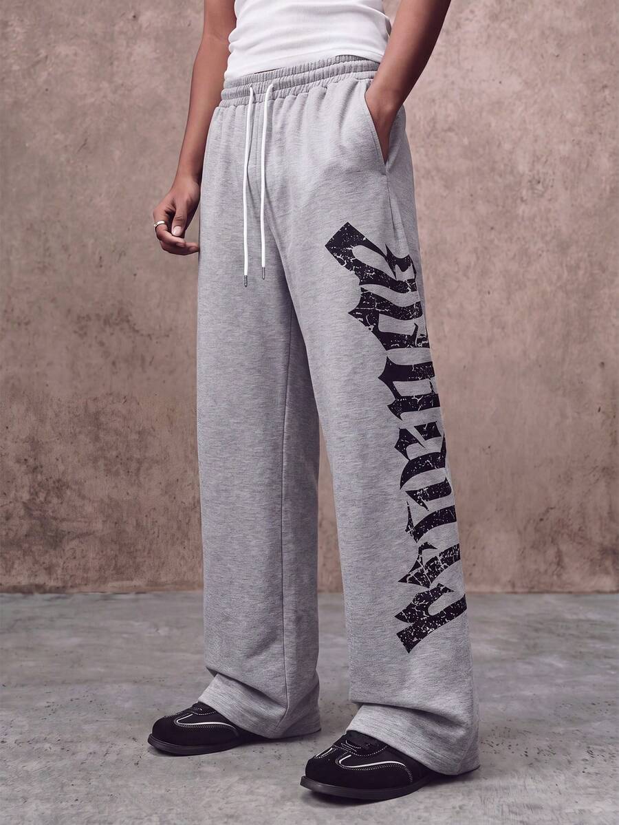 MAISONFOX Men's Letter Print Drawstring Waist Straight Leg Long Casual Pants, Suitable For Outings, Parties, Back To School, Sports, Fitness, Autumn Wear - Light Grey - View 1