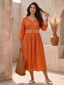 Vestido elegante de talla grande para mujer con cintura ceñida, cuello en V y media botonadura delantera bordada - Naranja - Ver 1