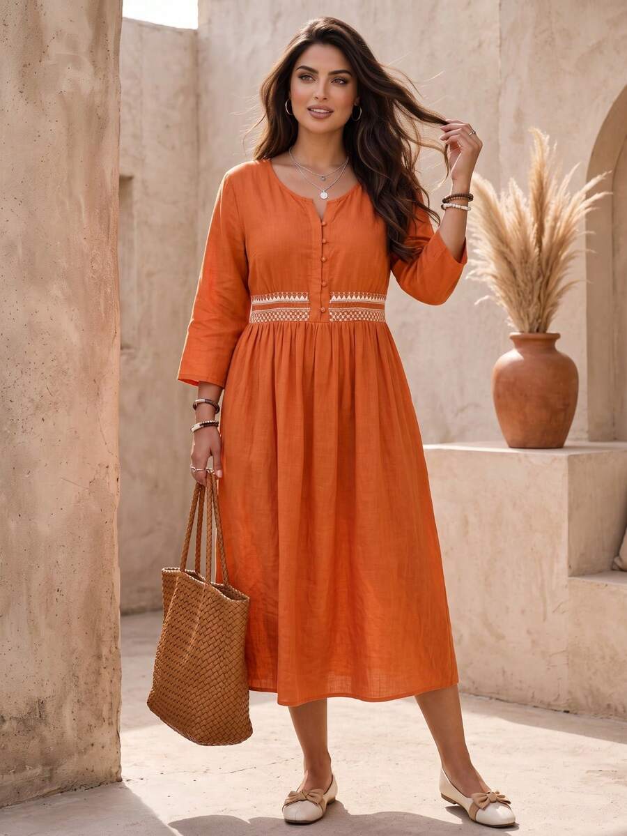 Vestido elegante de talla grande para mujer con cintura ceñida, cuello en V y media botonadura delantera bordada - Naranja - Ver 1