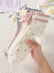 4 Pairs Women's Cute Sweet Breathable Floral Striped Pattern Forest Style Lace Mid-Calf Socks Short Socks White Socks Gray Socks Casual Comfortable Preppy Student Socks Fashion Comfortable Random Color Suitable For Daily Wear Spring Summer Autumn Winter All Seasons - Multicolor - View 7