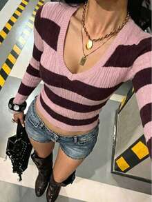 Women's Autumn New Colorblock Striped V-Neck Chunky Knit Sweater, Casual College Commute Travel, Vintage Sweet & Spicy V-Neck Slim Fit, Suitable For Daily Commute, School And Streetwear, Cable Knit - Pink and Wine Red - View 8