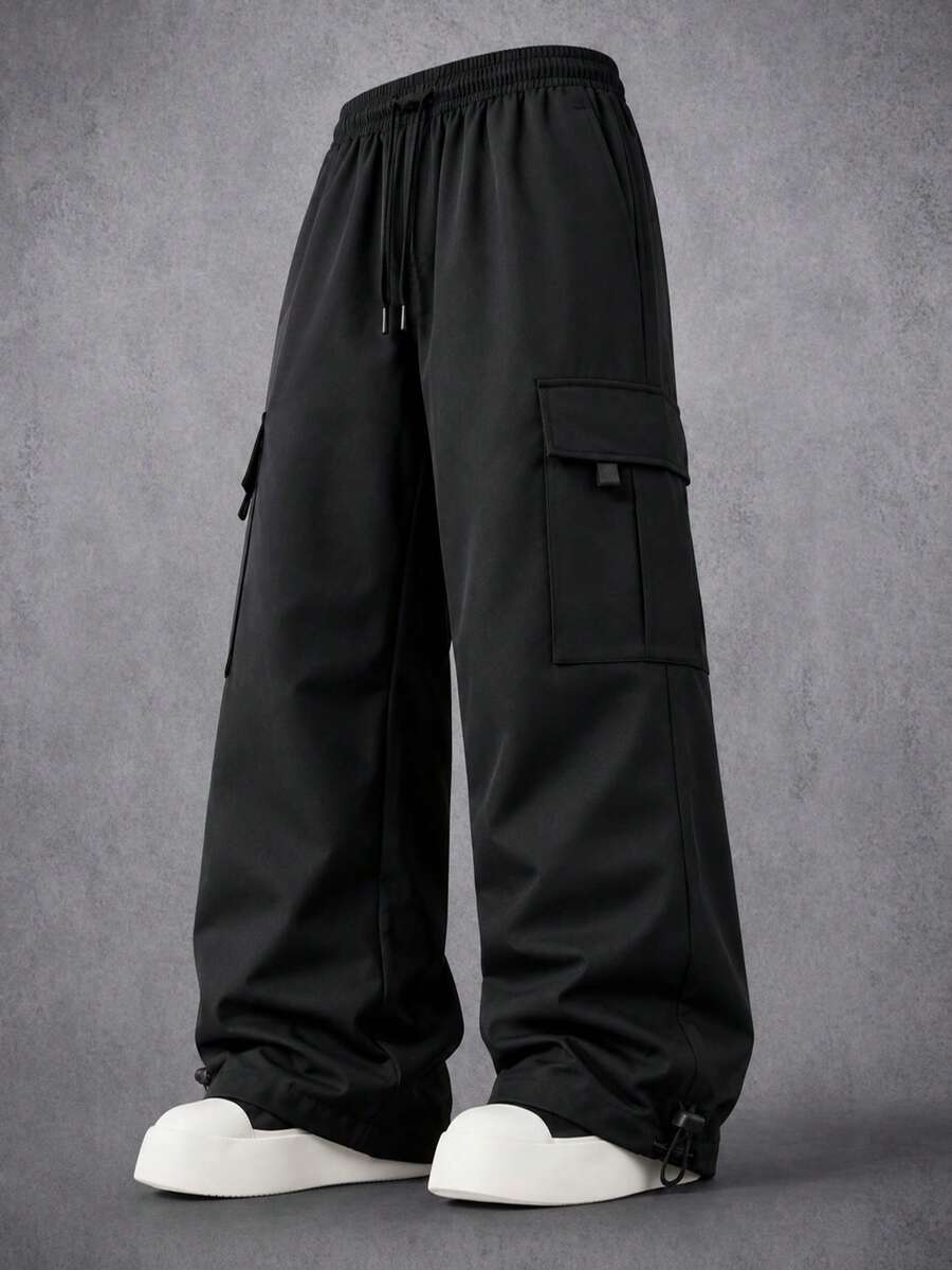 Men's Streetwear Functional Cargo Pants, Adjustable Hem, Multi-Pocket Design, Suitable For Daily Streetwear And Home Workout - Black - View 1