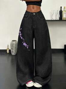 Korean Streetwear Unique Embroidered Women's Jeans Daily Commute Casual Loose Wide Leg Pants Comfortable All Season Versatile Long Pants (No Belt Or Accessories Included.) - Purple - View 8