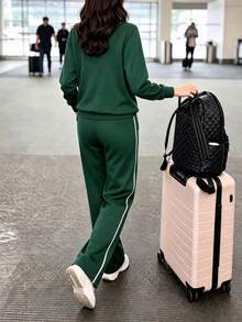 Women's Summer Casual Sports Colorblock Striped Side Long Sleeve T-Shirt And Loose Wide Leg Pants Set, Back To School Season - Dark Green - View 4