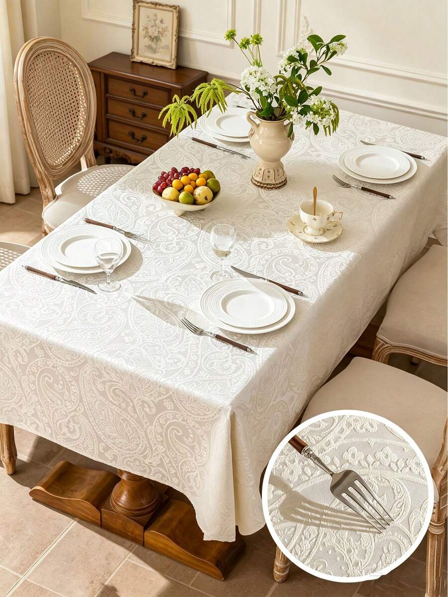 1pc Pearlescent Jacquard Tablecloth, Floral Jacquard Pattern Tablecloth, Multiple Sizes Available, Suitable For Living Room, Dining Room, Home Decor And Room Decoration, Perfect For Holiday Party Decor Or Dining Table Decoration - Off-white - View 1