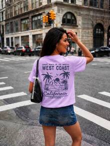 Women's New Summer Casual Round Neck Short Sleeve T-Shirt, Minimalist Versatile Palm Tree Slogan Print Graphic Tee, Suitable For Daily Wear Vacation - Purple - View 6