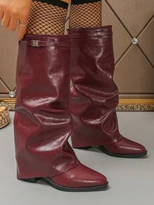 Höst/vinter vinröda slouchboots med spännedekor, byxben-boots, rynkade boots, knähöga boots med chunky klack, spetsig tå och högt skaft - Bourgogne - Visa 5