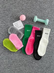 1/5 Pairs Women's Dopamine Letter Non-Slip Silicone Grip Pilates Fitness Loose Knit Breathable Boat Socks - Multicolor - View 7