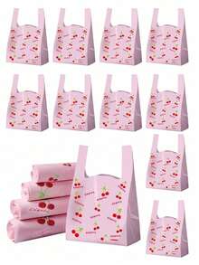 100/1pc Cherry Pattern Plastic T-Shirt Bag, Thickened Disposable Gift Tote Bag, Pink Cherry Fruit Print Shopping Bag, Suitable For Wedding, Mother's Day, Celebration, Back To School - Multiple Styles - View 1