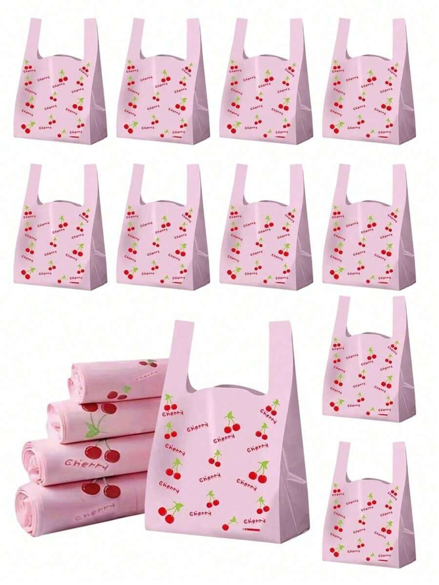 100/1pc Cherry Pattern Plastic T-Shirt Bag, Thickened Disposable Gift Tote Bag, Pink Cherry Fruit Print Shopping Bag, Suitable For Wedding, Mother's Day, Celebration, Back To School - Multiple Styles - View 1