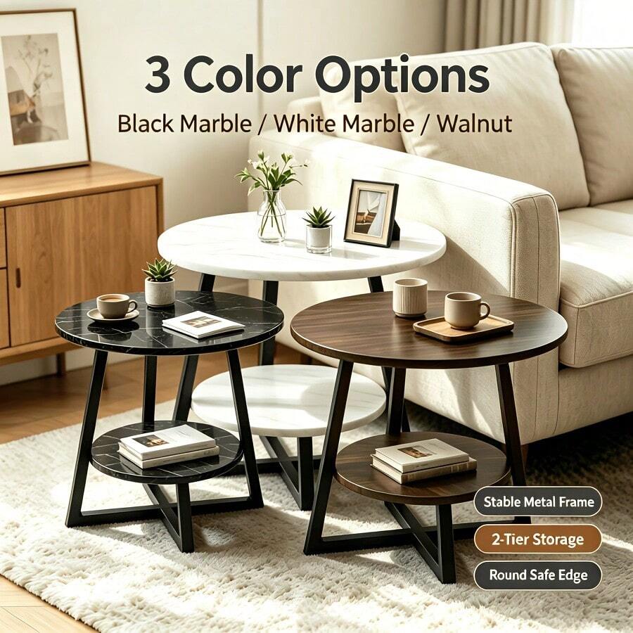 Two‑Tier Round Side End Table, Waterproof Easy‑To‑Clean Tabletop, Sturdy Geometric Metal Frame, Modern Decorative Furniture For Living Room, Bedroom And Small‑Spaces - Off-white - View 1