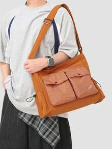 Men's Nylon Colorblock Plaid Student Commuter Bag, Cargo Style Style Tote Bag With Drawstring, Multiple Pockets, Casual Large Capacity Shoulder Crossbody Bag - Multicolor - View 11