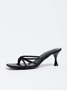 Women's Thin Strap High Heel Sandals, Black Satin Bow Square Toe Kitten Heel Slip-On Slides, Open Toe Mule Shoes, Suitable For Date And Party - Black - View 5