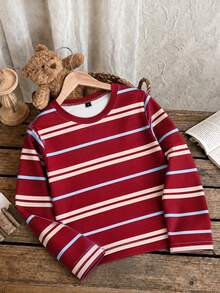 1pc Burgundy Blue Apricot Colorblock Striped Long Sleeve T-Shirt For Kids, Vintage Unisex Loose Fit All-Match Top, Spring Autumn - Red - View 2