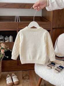 Baby Boy Toddler Preppy Solid Color Cable Knit Long Sleeve Cardigan Sweater Jacket Suitable For Daily School Spring Autumn Winter - Apricot - View 4