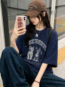 女款圓領寬鬆休閒T恤，可愛貓咪字母印花，適合春夏季 - 藏蓝色 - 查看 2