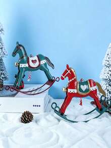 Vintage American Style Tin Rocking Horse Pendant, Red White Green Printed With Bell, Christmas Tree Holiday Decoration Hanging Ornament, Soft Home Decor - Multicolor - View 6