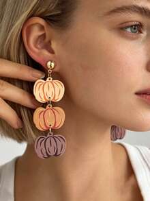 1 Pair Autumn Pumpkin Dangle Earrings, 3-Layer Colorful Pumpkin Drop Earrings, Thanksgiving Harvest Festival Costume Accessory - Style 1 - View 4