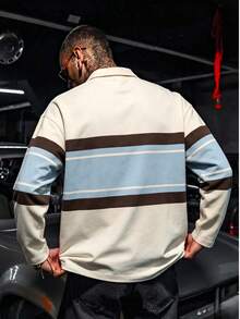 男士美式復古米色對比條紋長袖橄欖球 Polo 衫，小 Z 字字母刺繡，寬鬆休閒上衣 - 杏色 - 查看 2