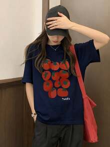 日系女式宽松休闲圆领卡通番茄水果印花短袖T恤，春夏款 - 深藍 - 查看 1
