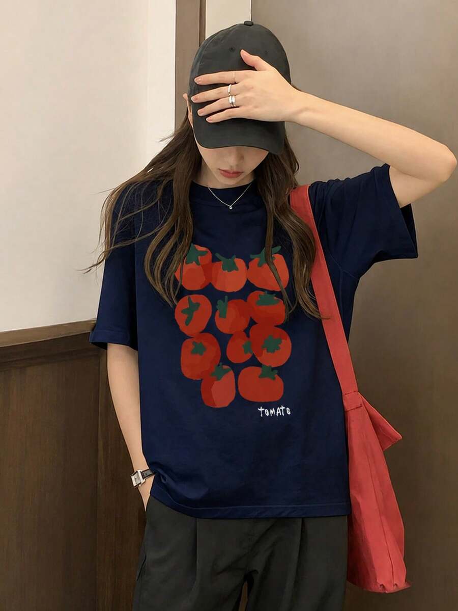 日系女式宽松休闲圆领卡通番茄水果印花短袖T恤，春夏款 - 深藍 - 查看 1